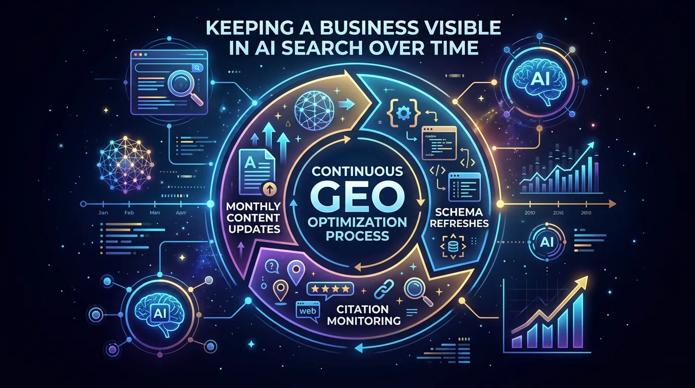 Continuous GEO optimization process showing monthly content updates and citation monitoring workflow