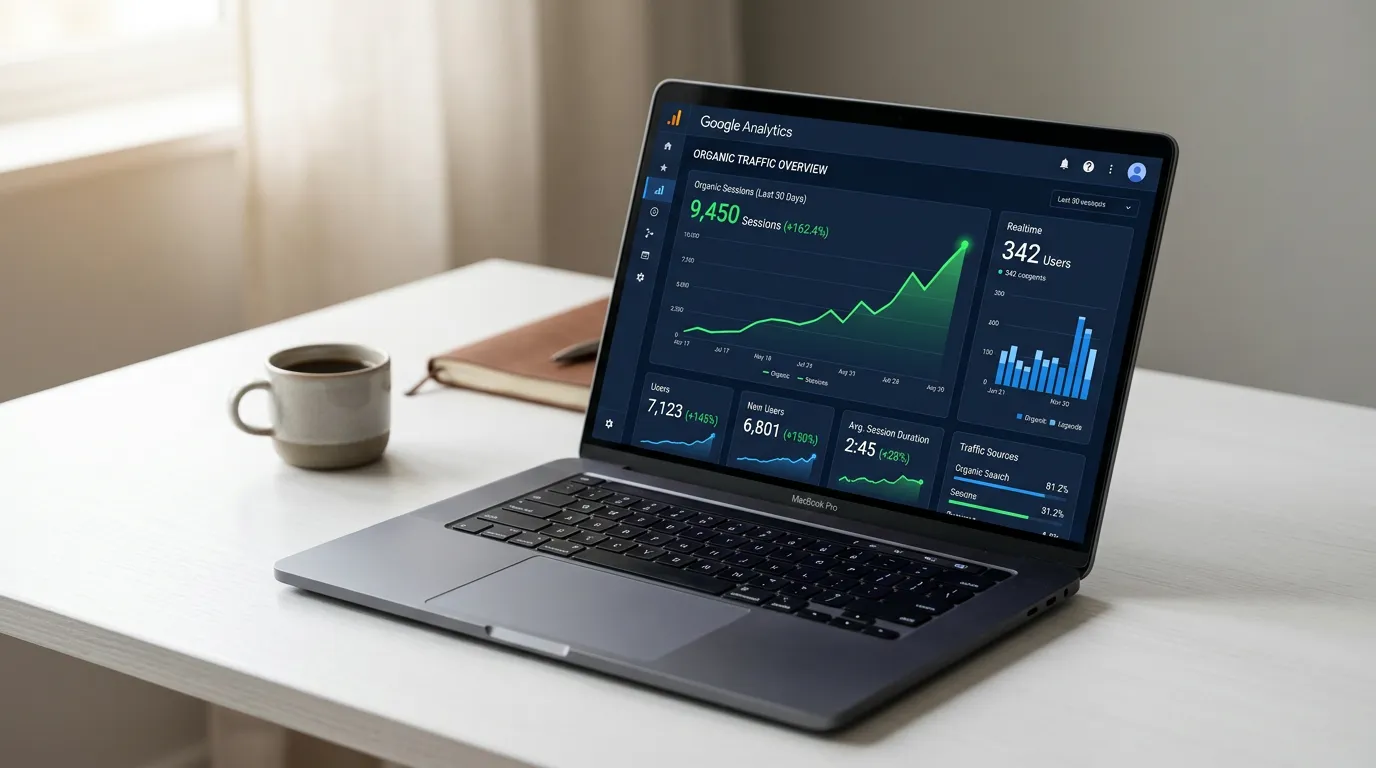 Laptop displaying Google Analytics dashboard with rising organic traffic for Online Website Marketing Chino CA