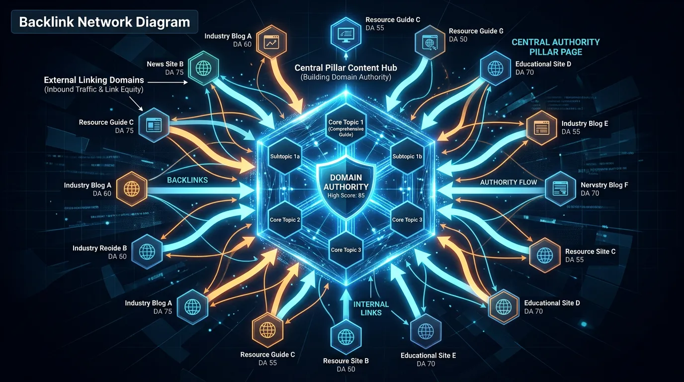 Pillar page authority building showing backlink network from cluster articles to central pillar