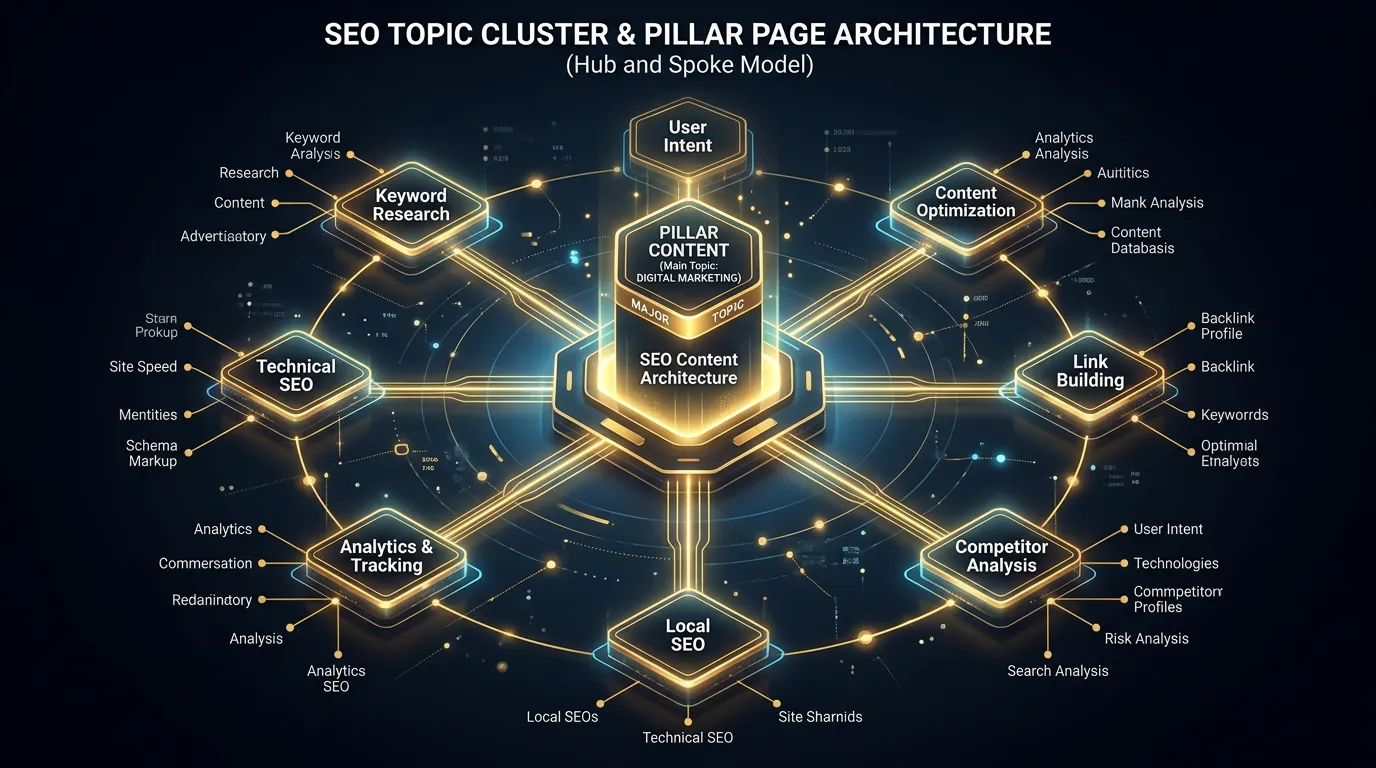 Pillar page creation showing hub and spoke topic cluster architecture for SEO authority building