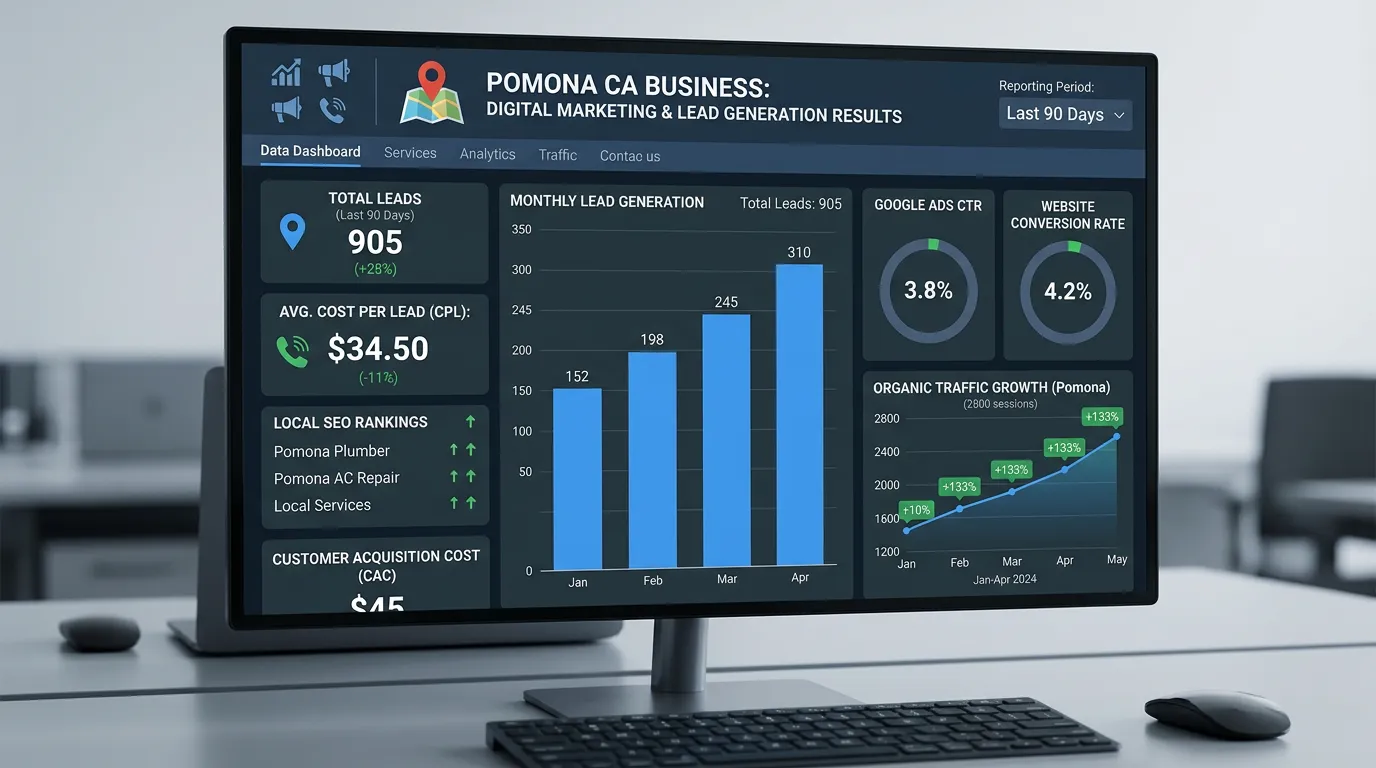 Pomona CA business digital marketing dashboard showing lead generation results for local service businesses