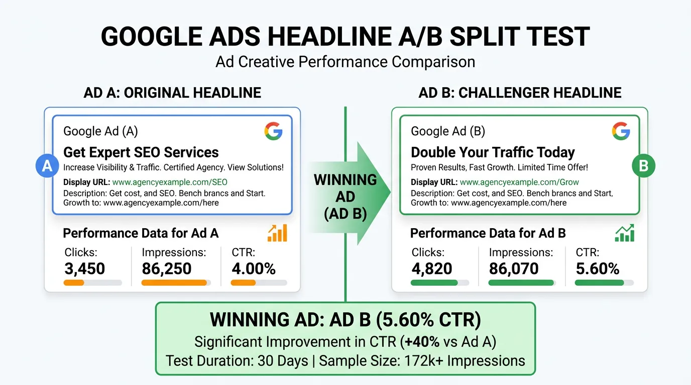 A-B ad copy split test showing two Google Ads headlines with click through rate comparison indicating the winning ad