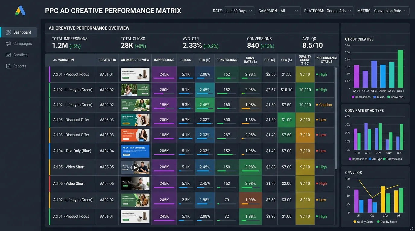 Ad creative performance matrix showing multiple ad variations with impressions clicks conversions and quality score data