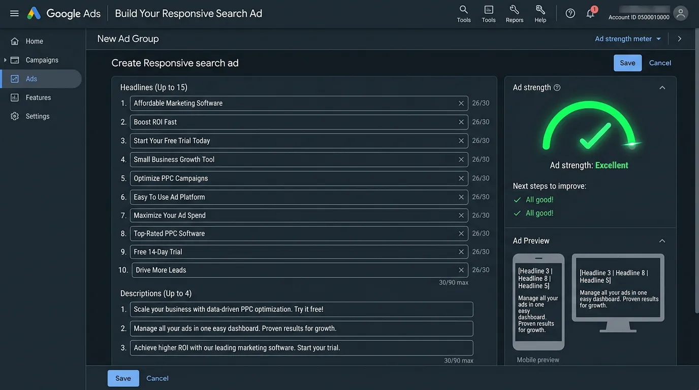 Responsive search ad builder interface showing multiple headline and description options being assembled with strength indicator