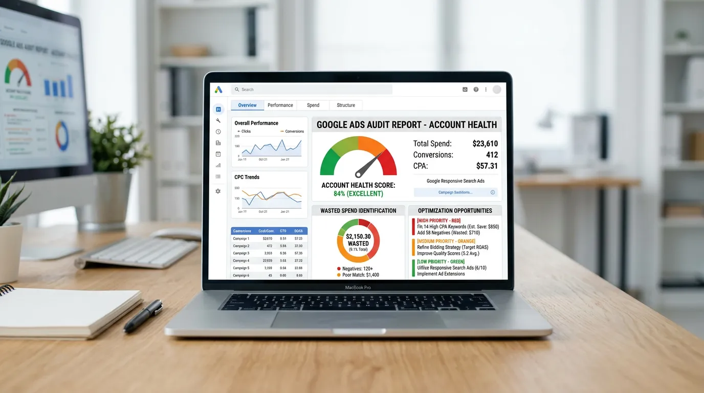 Google Ads audit showing account health score wasted spend identification and optimization opportunities by priority