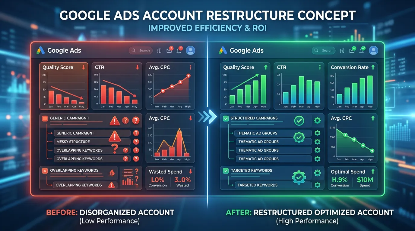 Before and after Google Ads account showing disorganized versus restructured campaigns with improved quality scores