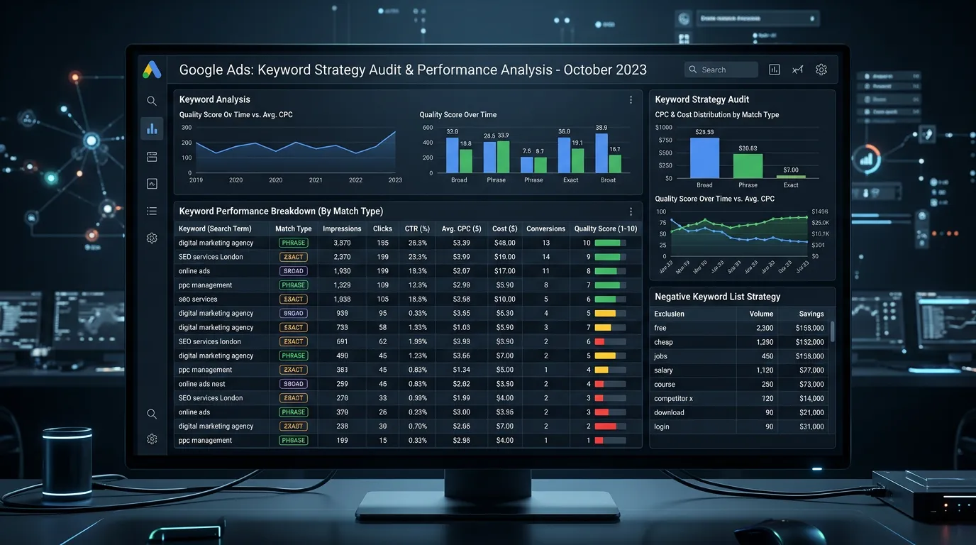 Google Ads keyword analysis showing match types broad phrase exact and negative keywords with quality scores and CPC