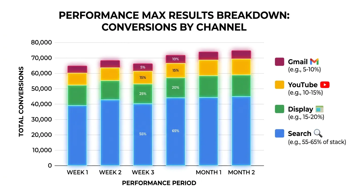 Performance Max conversion results showing search driving most conversions then display YouTube and Gmail channels