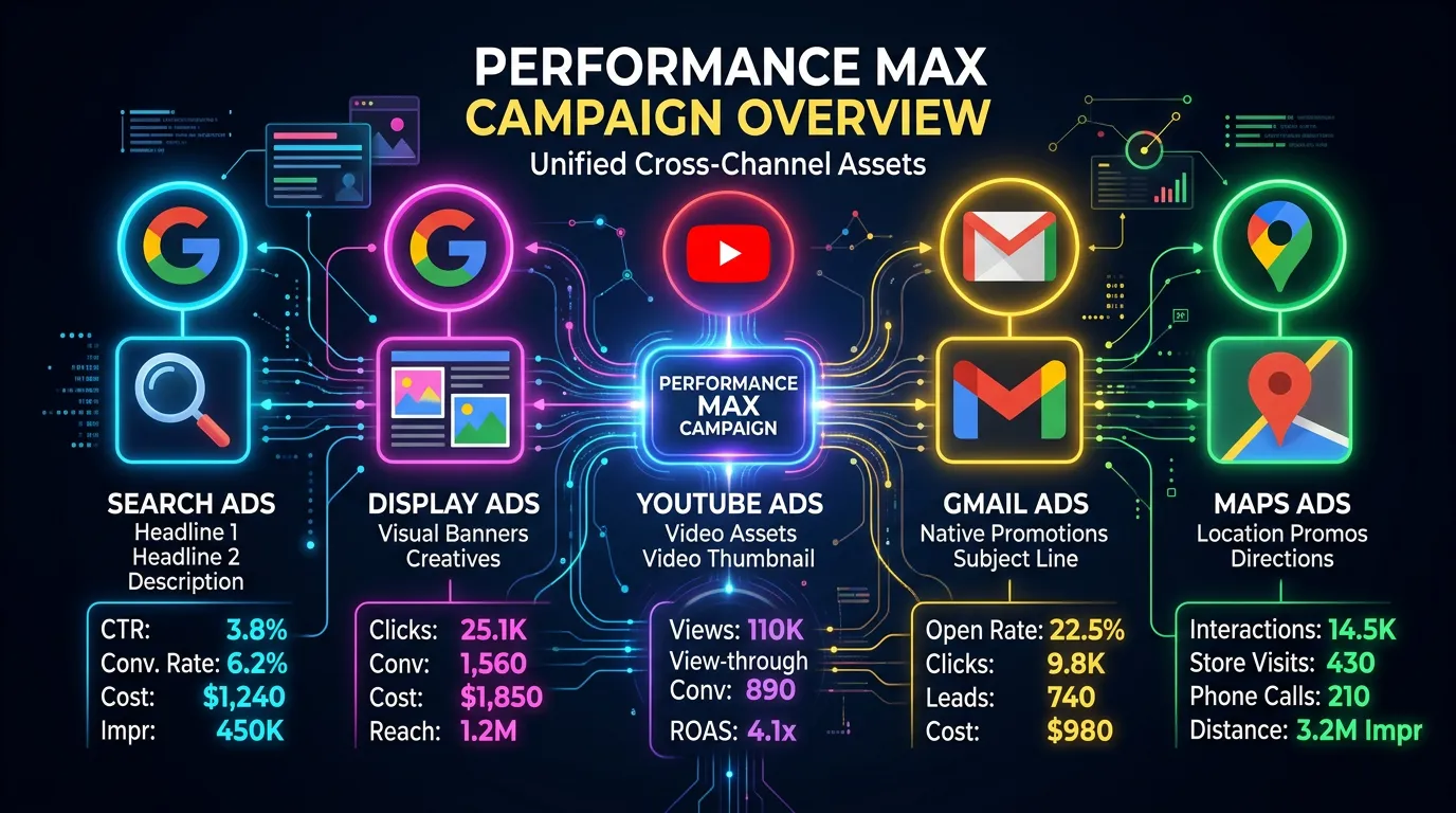 Google Performance Max campaign showing assets across Search Display YouTube Gmail and Maps channels all running simultaneously