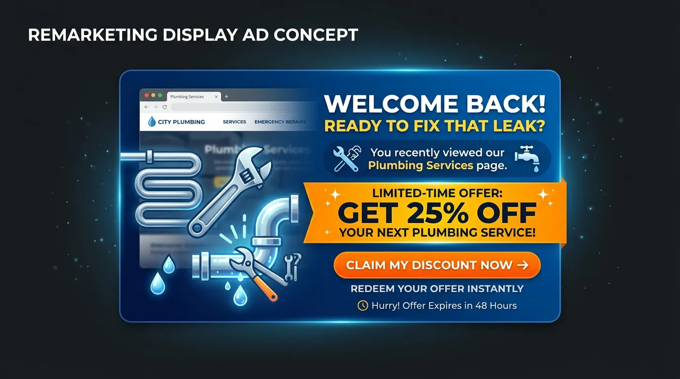Remarketing display banner re-targeting a visitor who viewed a service page with special offer to bring them back