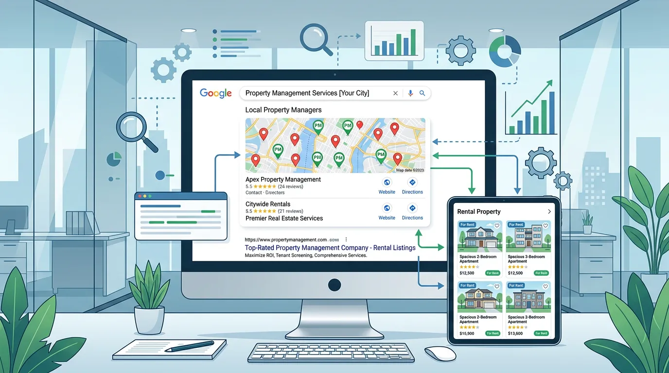 Property management company local SEO showing rental listings ranking on Google search results