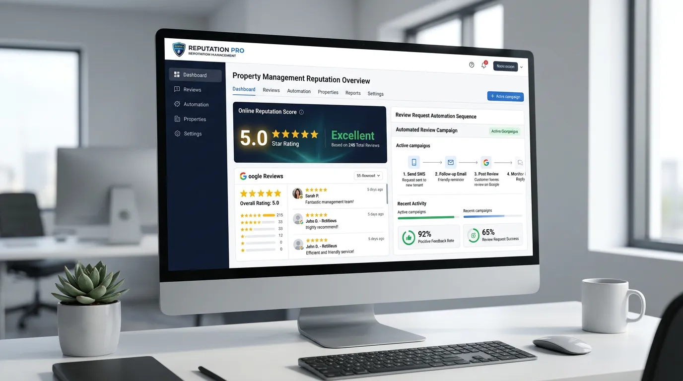Property management company 5-star Google reviews and review automation dashboard for reputation