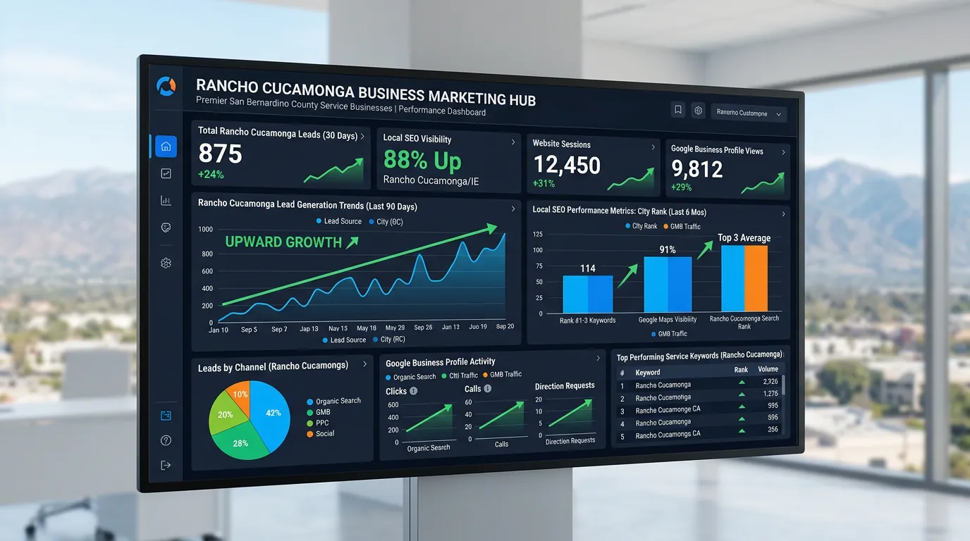 Rancho Cucamonga CA business digital marketing dashboard showing lead growth for premier Inland Empire city