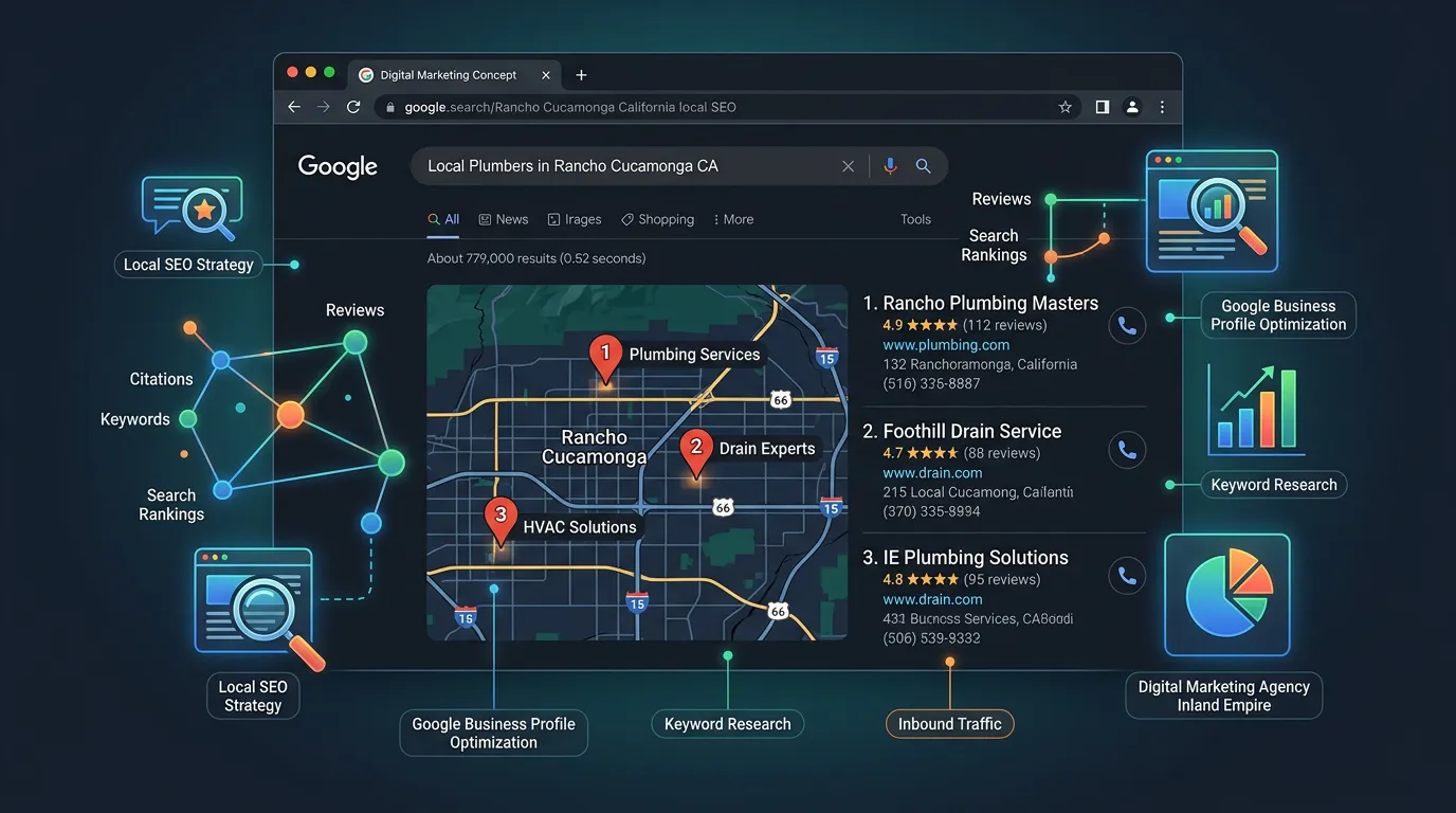 Rancho Cucamonga CA local SEO showing Google search map pack for service businesses in Rancho Cucamonga California