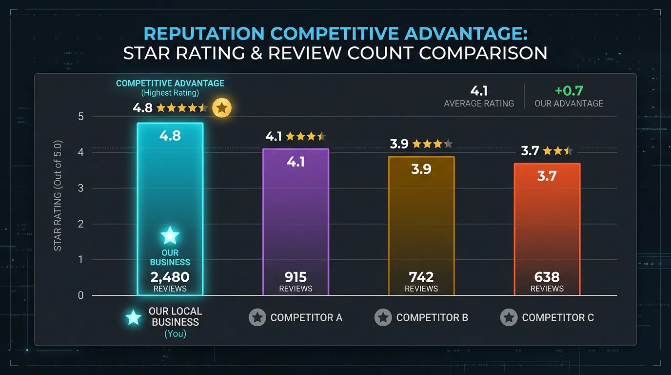Competitor reputation comparison chart showing local business at 4.8 stars versus top 3 competitors at lower ratings