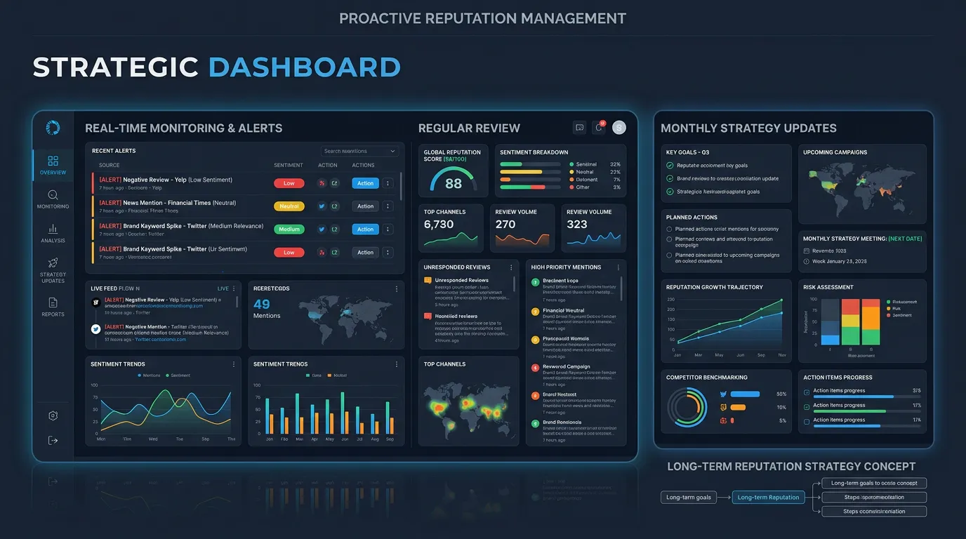 Proactive reputation management plan showing regular monitoring alerts and monthly strategy updates in dashboard