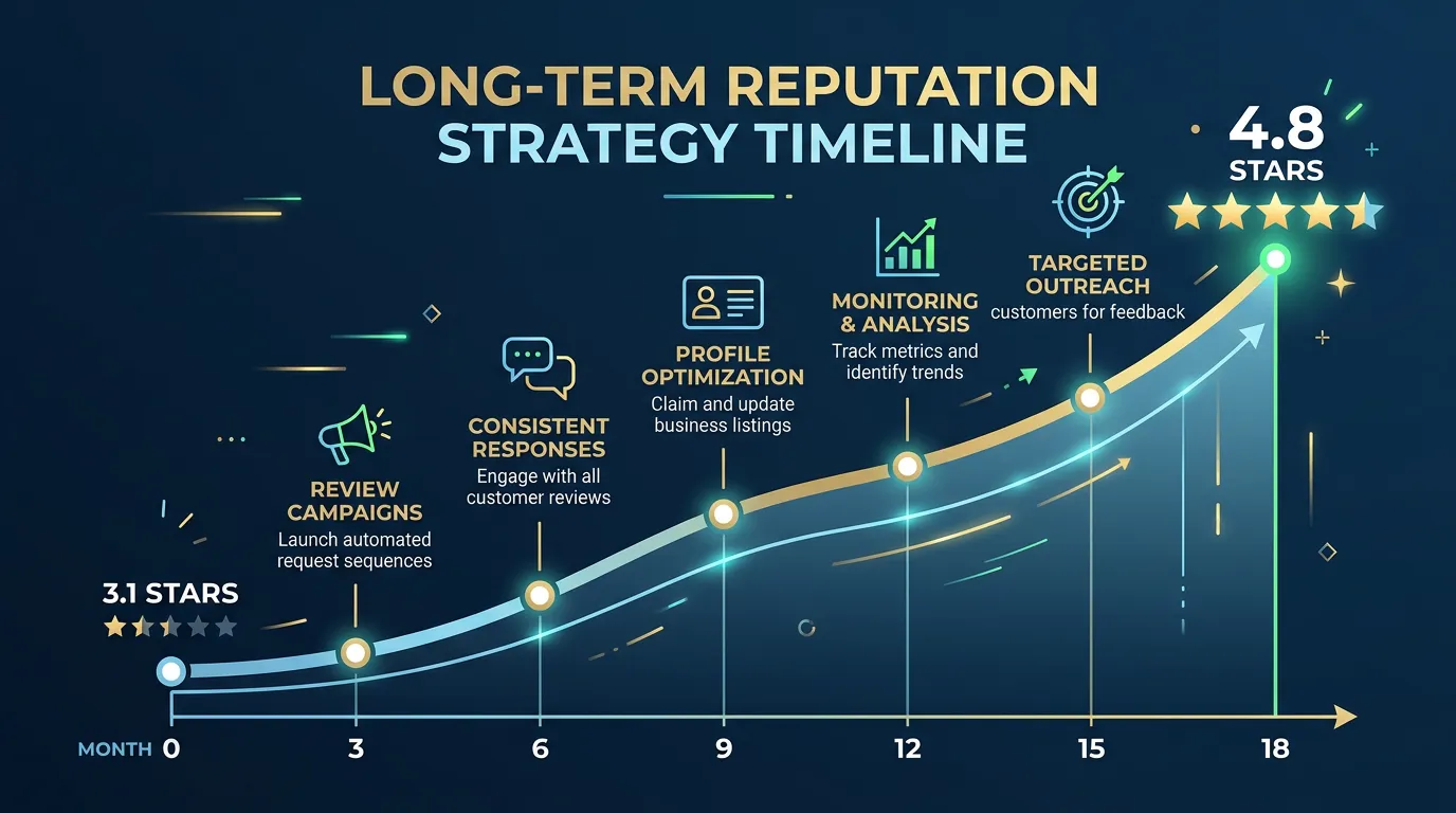 Timeline illustrating a star rating rising over eighteen months of reputation work