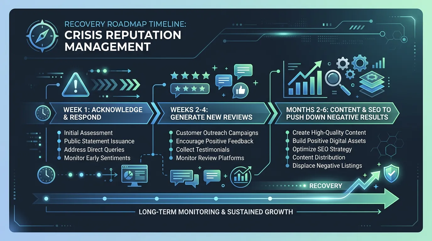 Crisis reputation management timeline showing steps weeks 1-4 acknowledge and generate reviews months 2-6 content SEO