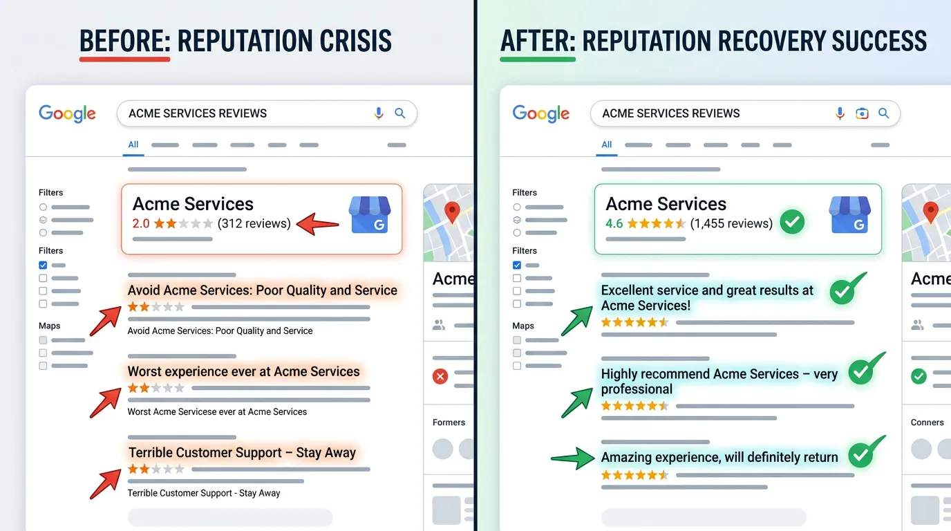 Google search showing previously dominated by 2 star reviews now showing 4.6 star profile at top with positive reviews