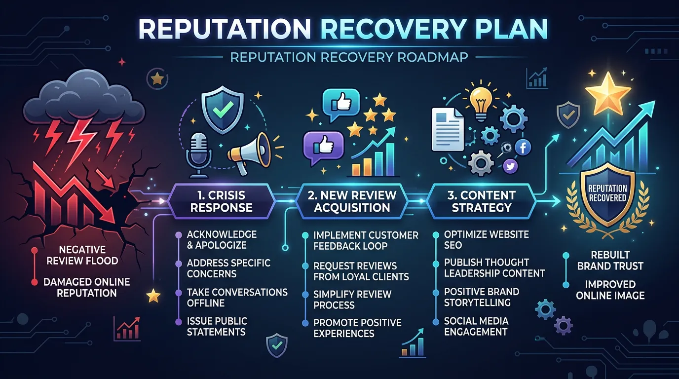 Reputation recovery plan showing steps to rebuild after negative reviews including crisis response and content strategy