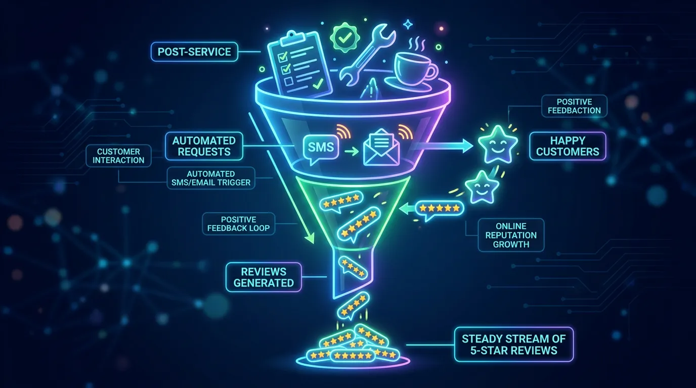 Review generation system funnel showing automated post-service SMS request creating steady stream of 5 star reviews