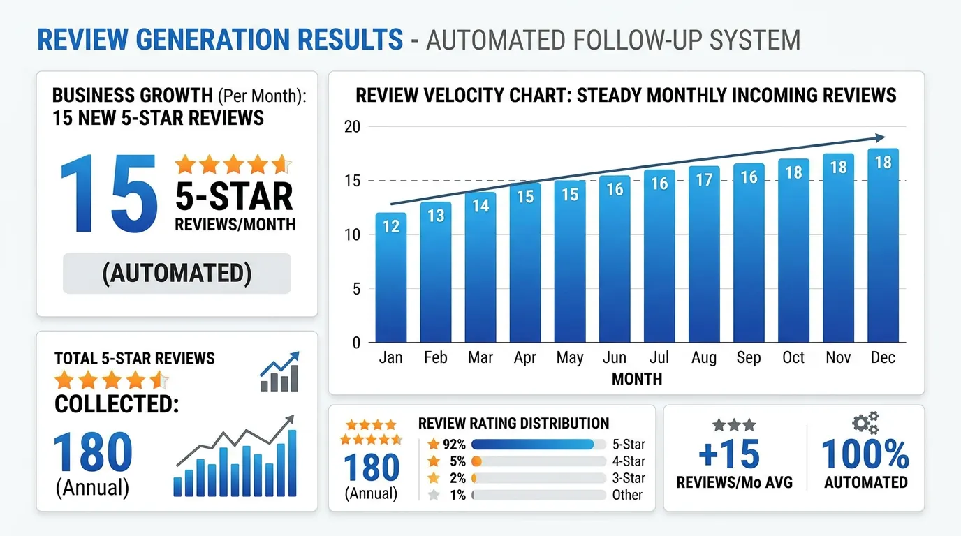 Chart illustrating new five star reviews arriving each month from an automated follow up system
