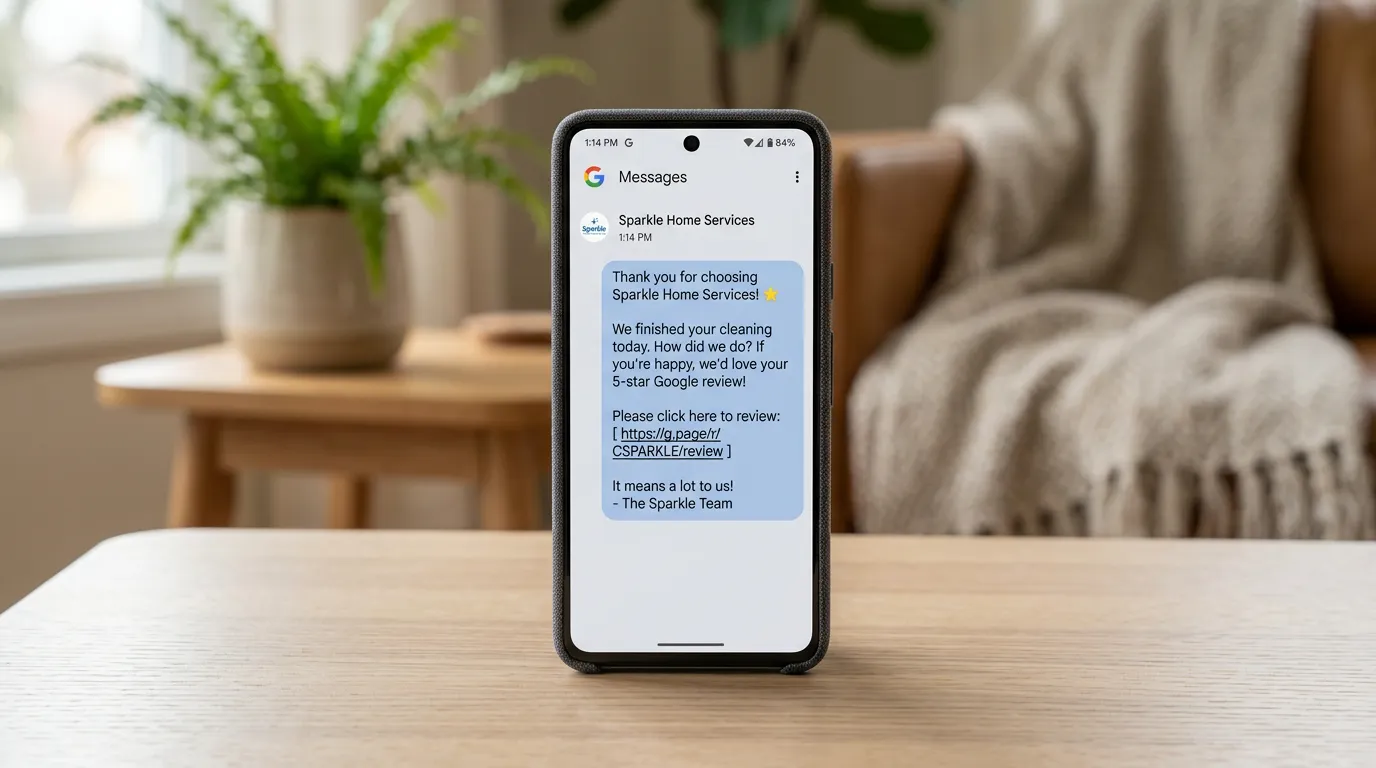 Professional SMS sent after service completion asking satisfied customer to leave Google review with easy click link