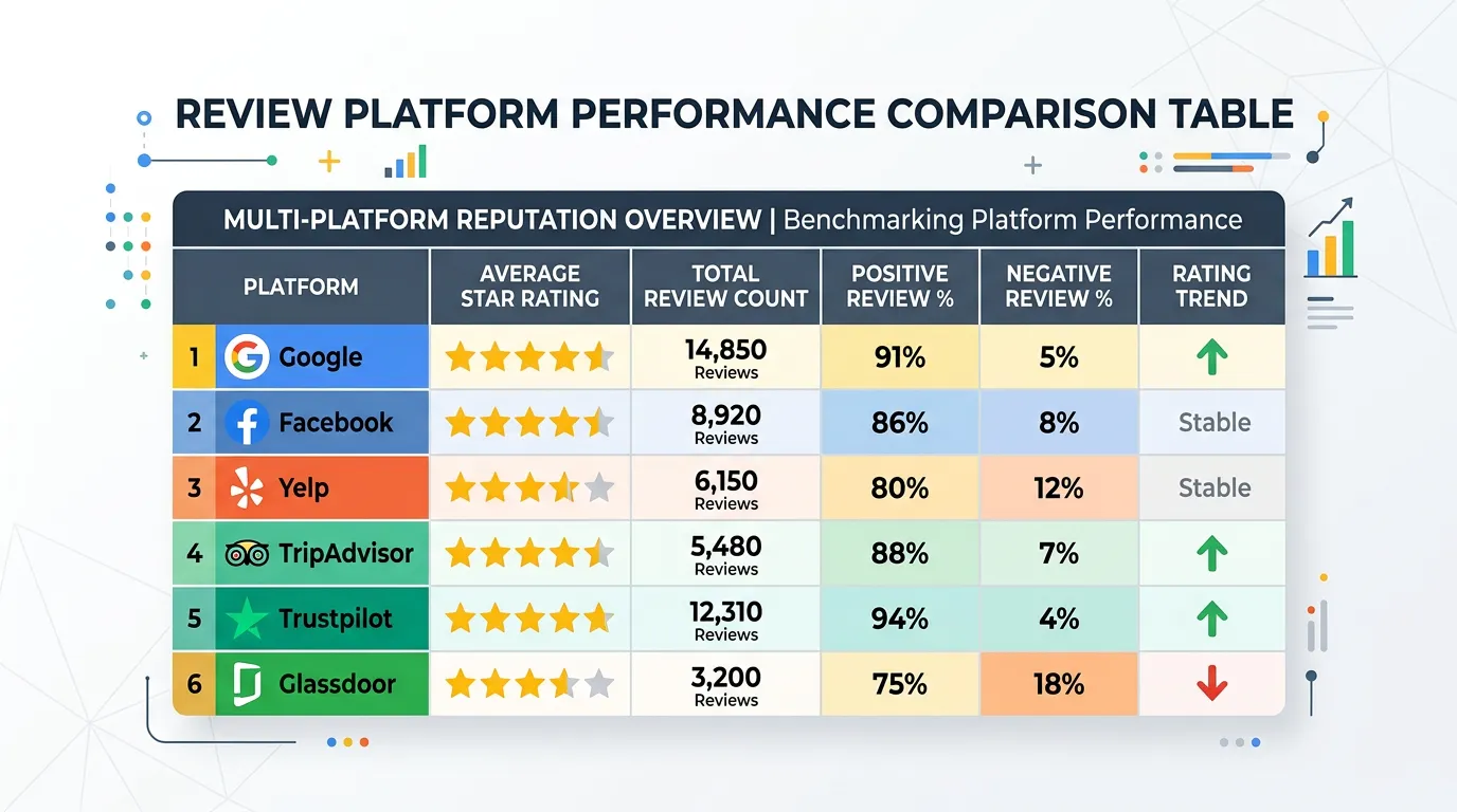 Review platform performance comparison table showing star ratings and review counts across all platforms benchmarked