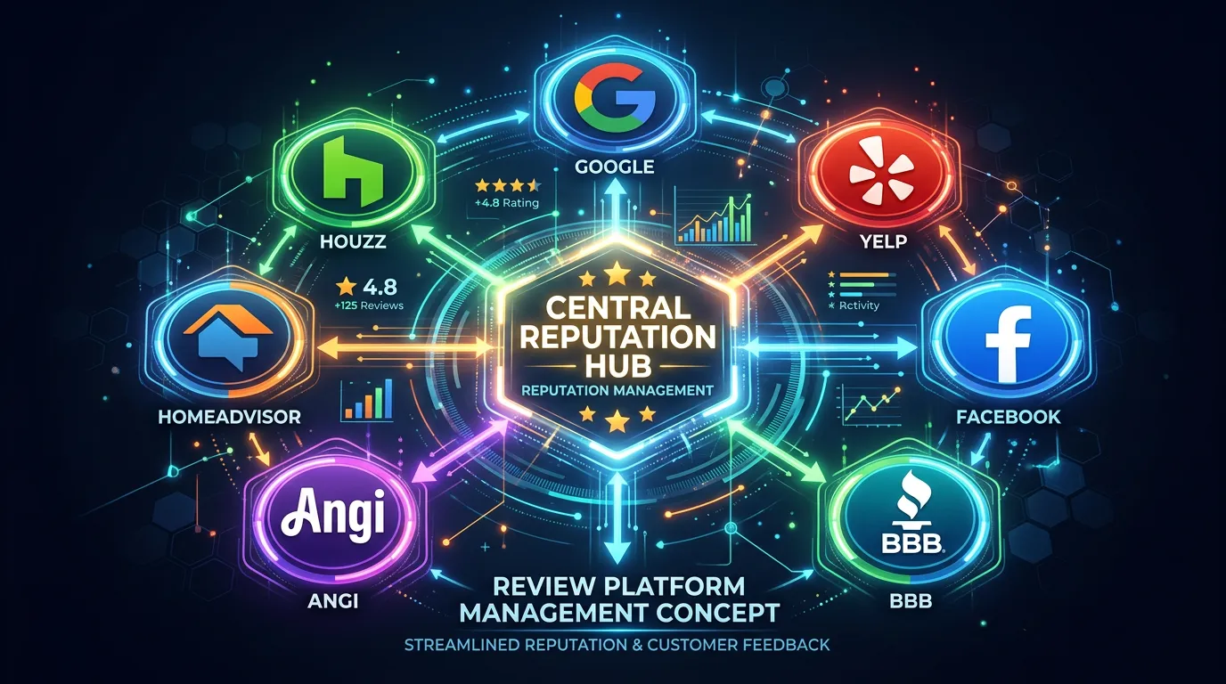 Review platform icons showing Google Yelp Facebook Houzz Angi HomeAdvisor and BBB all connected to reputation management hub
