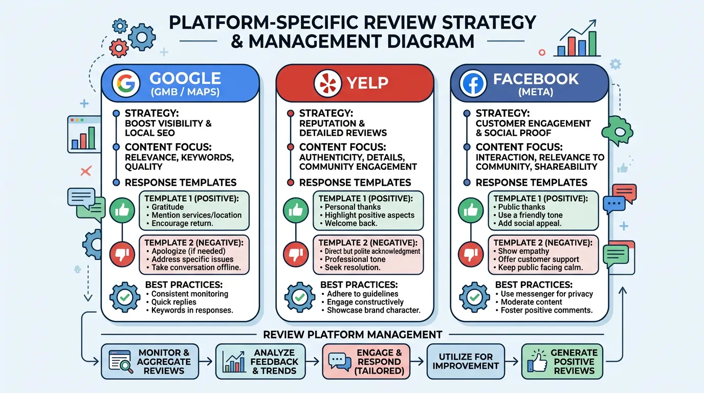 Platform-specific review strategy showing tailored approach for Google Yelp and Facebook with different response templates