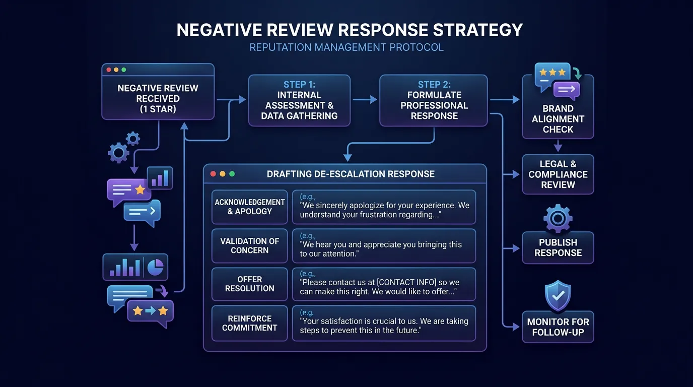 Negative review response showing professional de-escalation reply to 1 star review that acknowledges and offers resolution