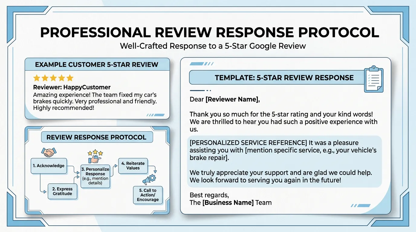 Professional review response template showing well-crafted reply to 5 star Google review with personalized thank you