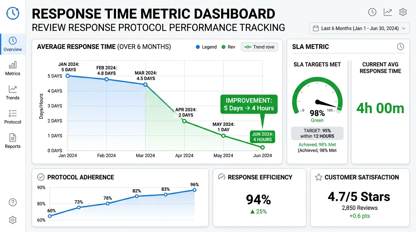 Response time metric dashboard showing average review response time improving from 5 days to 4 hours with SLA targets