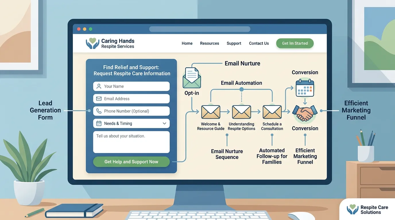 Respite care lead generation funnel with caregiver relief inquiry form and email follow-up