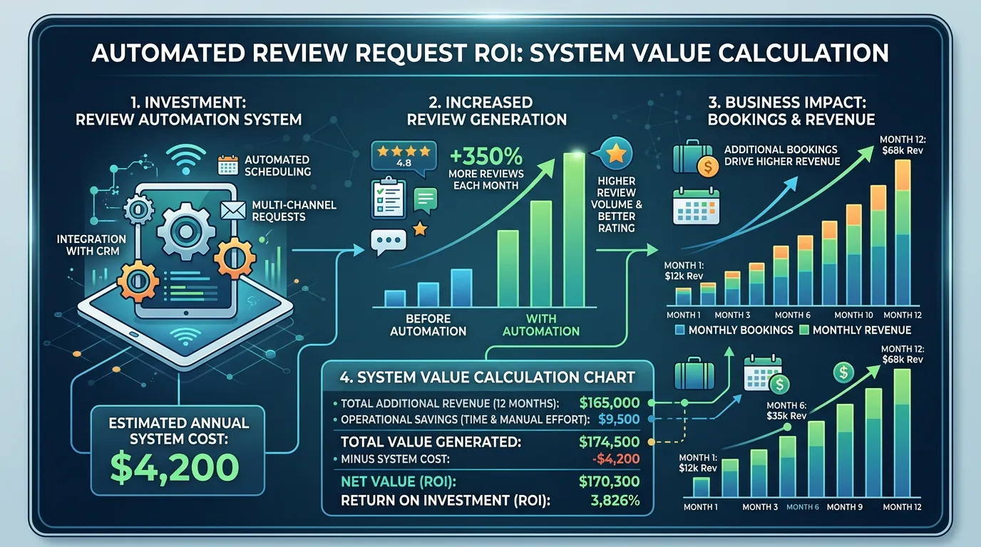 Automated review request ROI showing investment in review automation generating more reviews and additional revenue