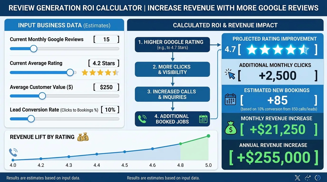 Review generation ROI calculator showing how much revenue extra Google reviews generate for service business