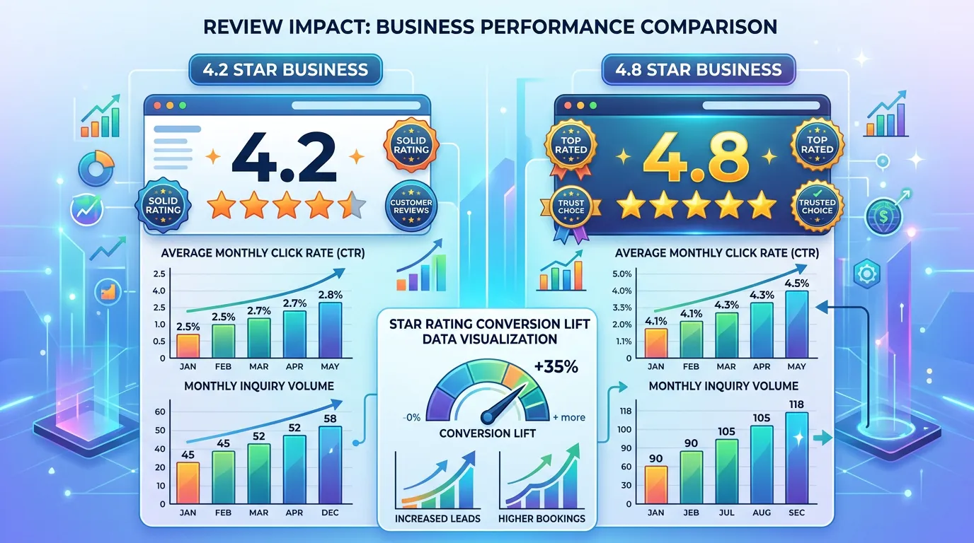Review impact showing 4.2 star versus 4.8 star business click rate and inquiry volume comparison data