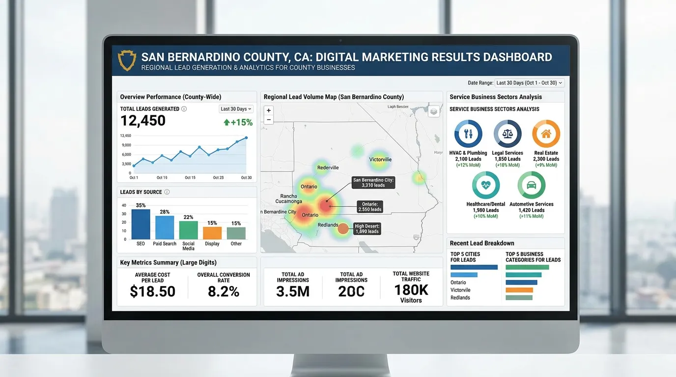 San Bernardino County CA digital marketing results dashboard showing lead generation across county service businesses