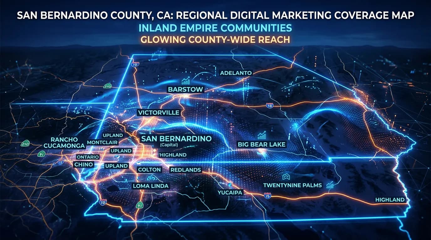 San Bernardino County California regional digital marketing map showing all Inland Empire cities covered by Online Website Marketing