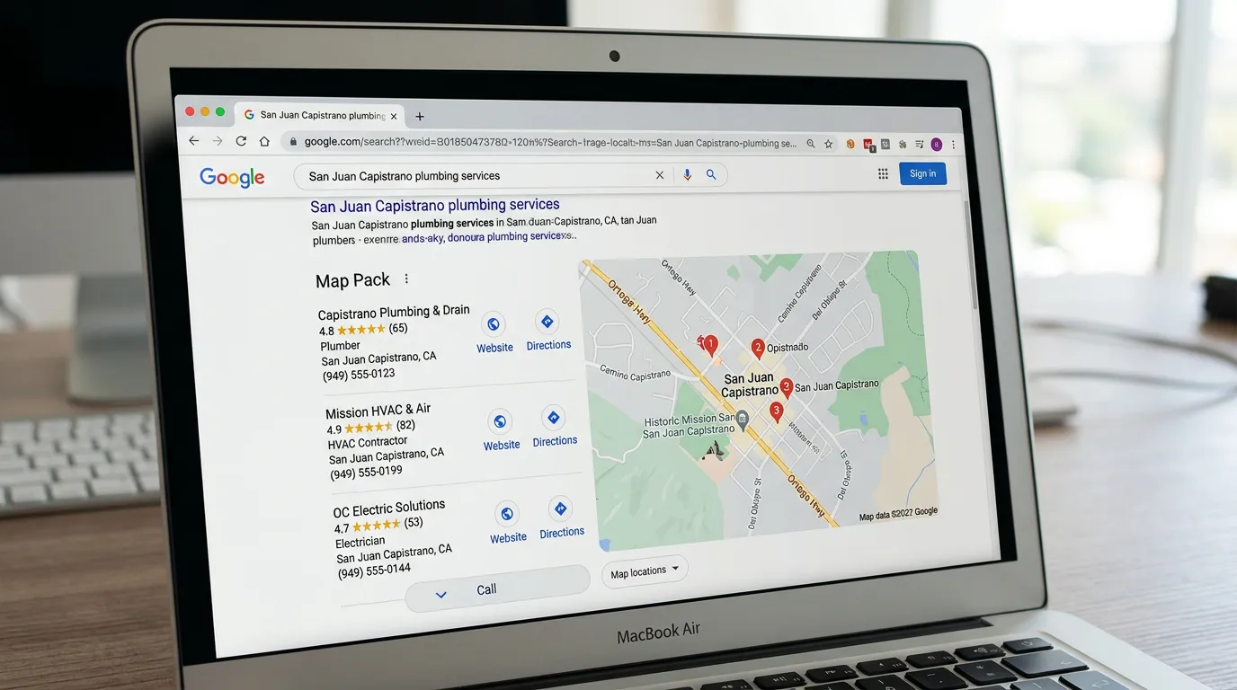 San Juan Capistrano CA local SEO showing Google search map pack for service businesses in historic South OC