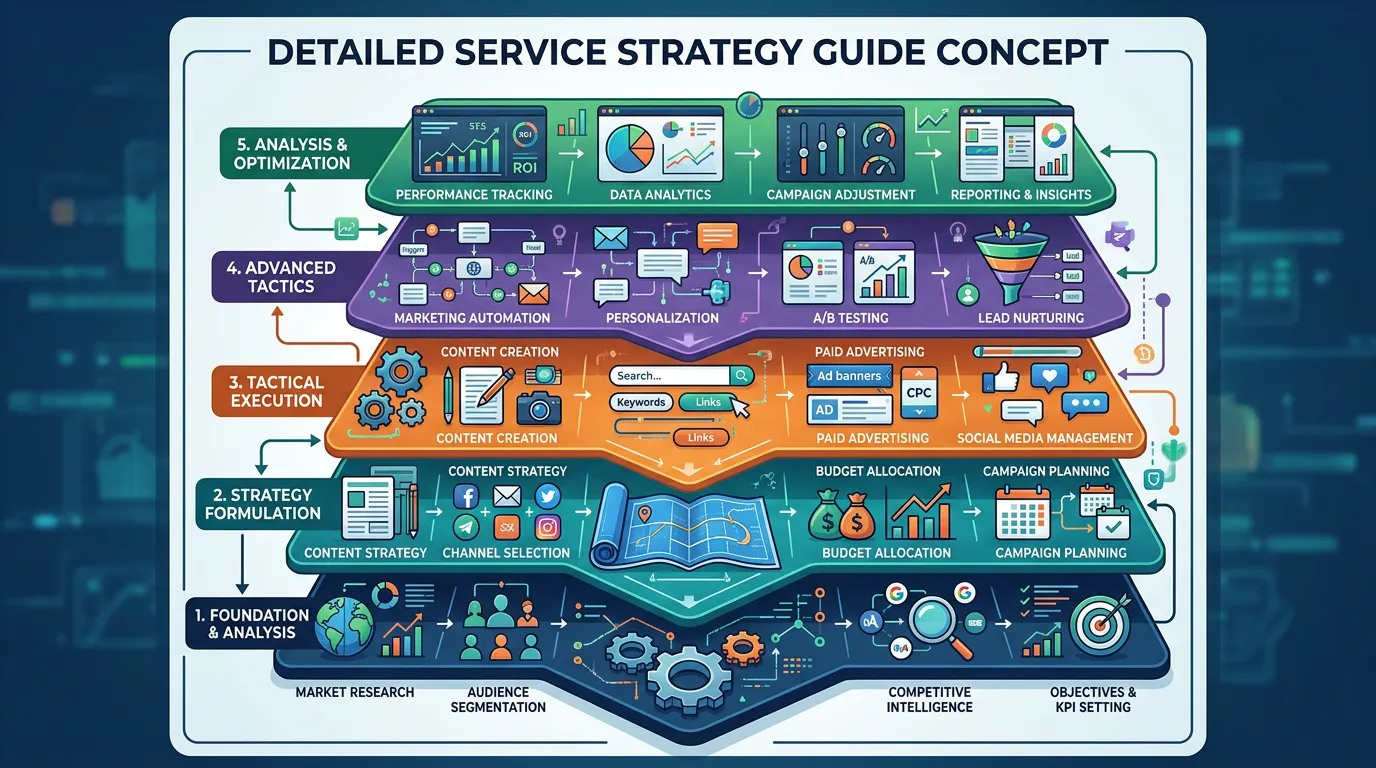 Detailed service strategy guide showing layer-by-layer breakdown of complex marketing service with advanced tactics