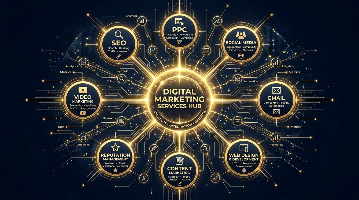 Digital marketing services hub showing all channels connected in a network for Online Website Marketing