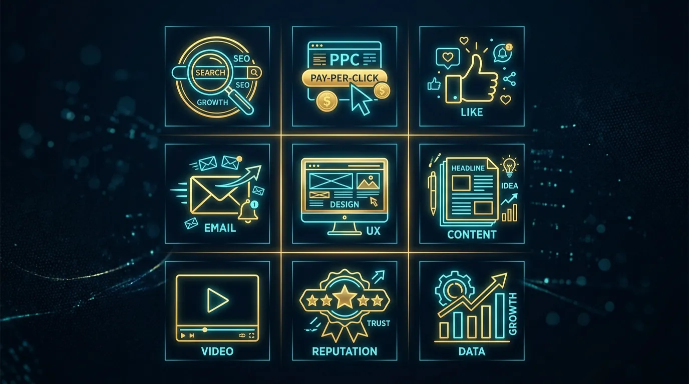 Full suite of digital marketing service icons grid representing all services offered by Online Website Marketing