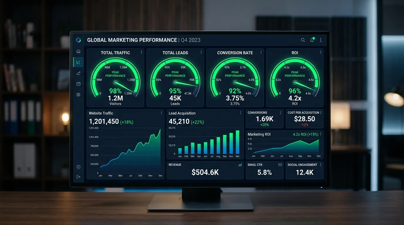 Marketing KPI dashboard with all metrics in the green showing performance results for Online Website Marketing clients