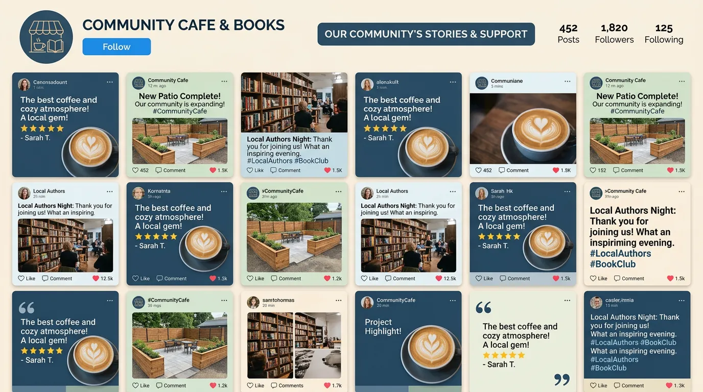 Local business social media feed full of customer testimonial posts project highlights and community engagement building trust