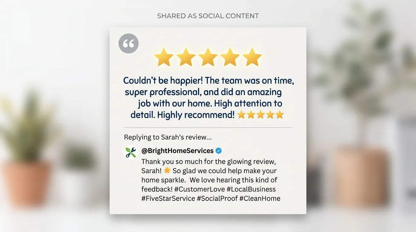 Star rating and review highlighted as social media post showing testimonial from happy customer reposted as social content