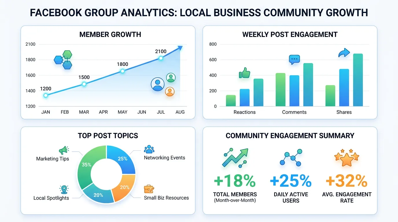 Facebook Group analytics showing growth in local business community with member count rising and engagement improving