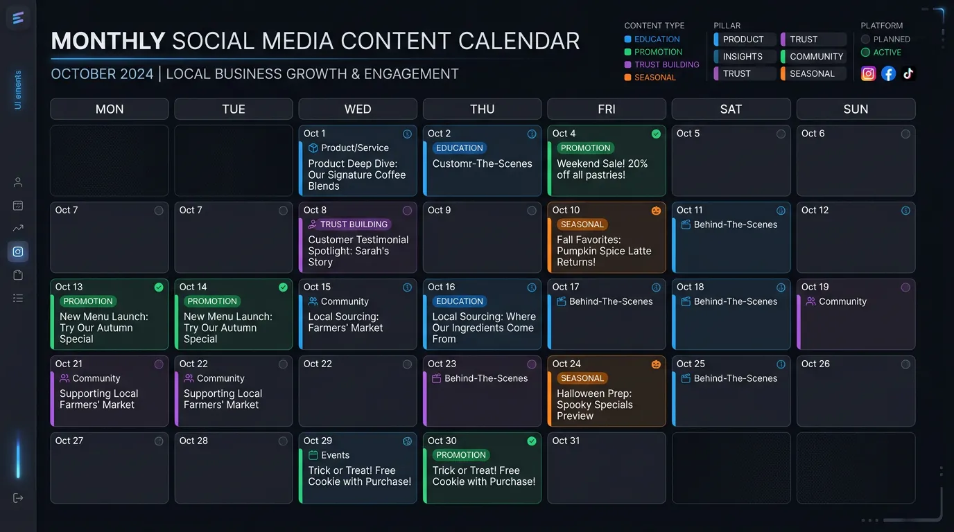 Social media content calendar showing monthly posts planned across education promotion trust building and seasonal pillars