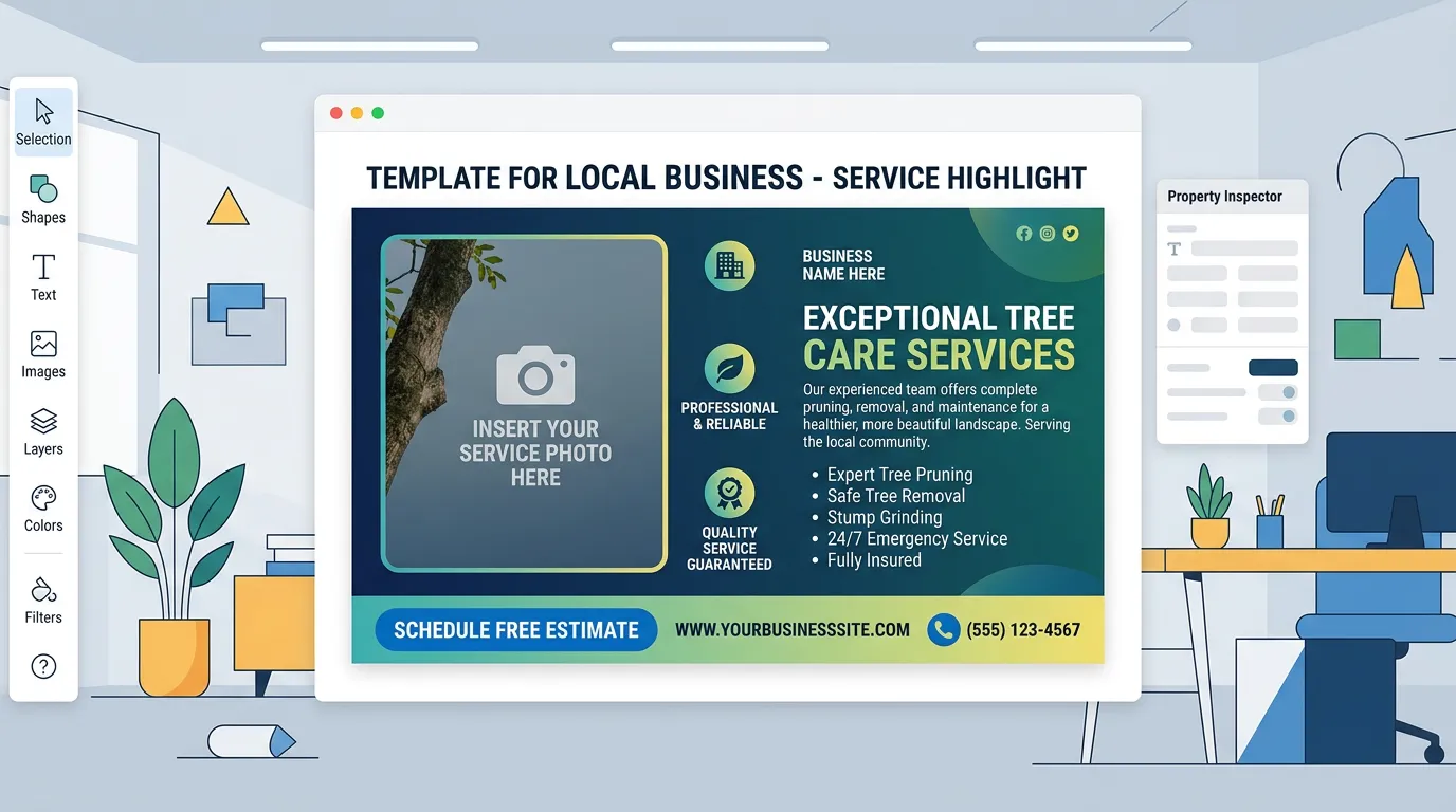 Graphic design template for social media showing branded post with service highlight and call to action in professional format