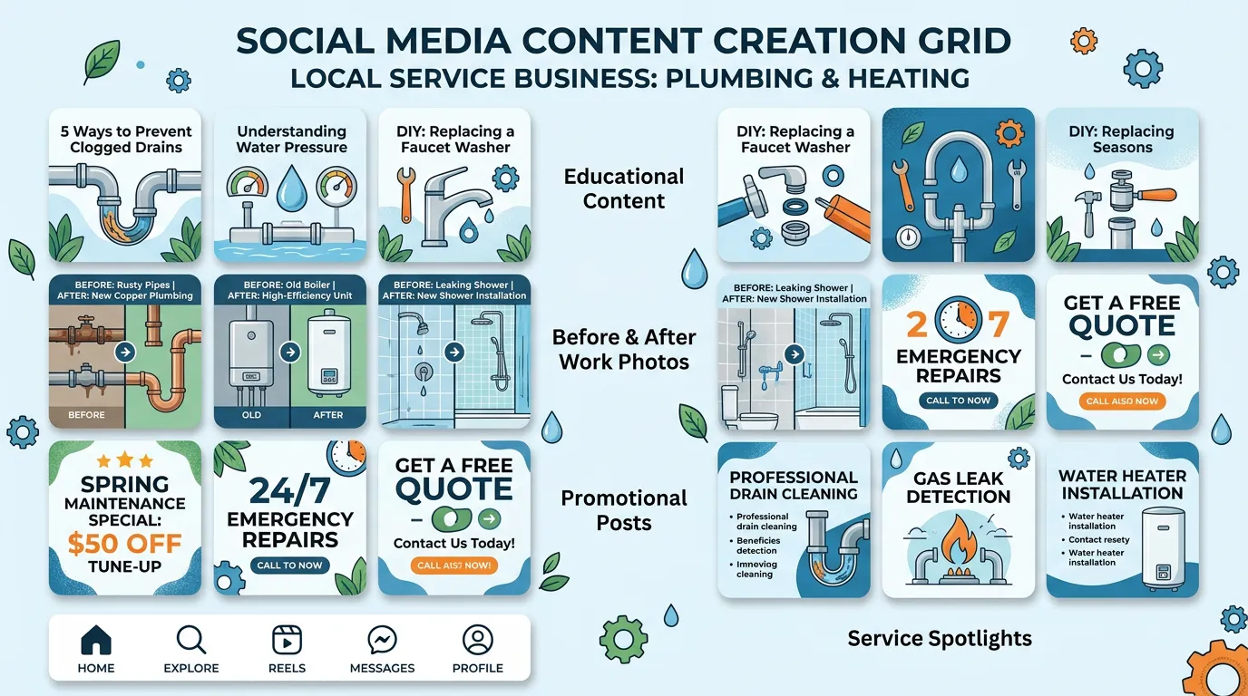 Social media content grid showing before and after work photos infographics and promotional posts in professional Instagram feed